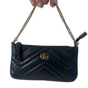 Gucci GG Marmont Mini Chain Pochette /Wristlet Bag Black Leather with Gold Chain